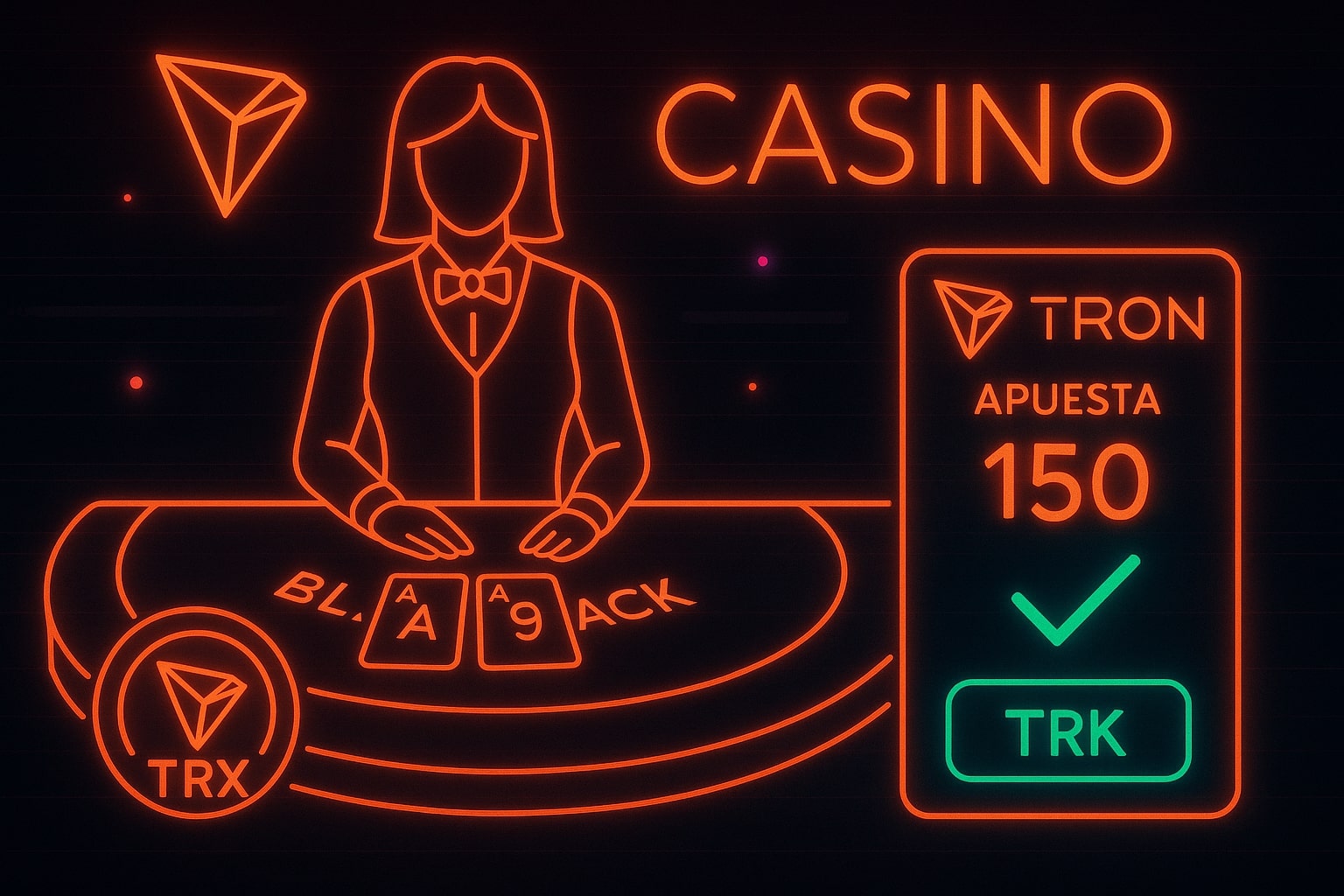 Mesa de blackjack con dealer en vivo en casino Tron con interfaz de apuestas TRX y visualización de transacciones instantáneas
